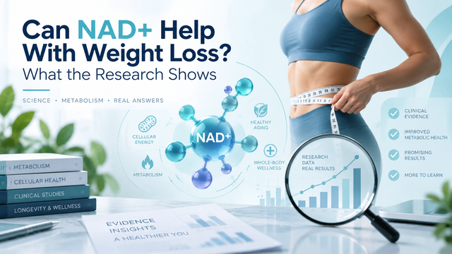 Can NAD+ help with weight loss educational graphic with NAD+ molecule, research icons, and metabolism themes